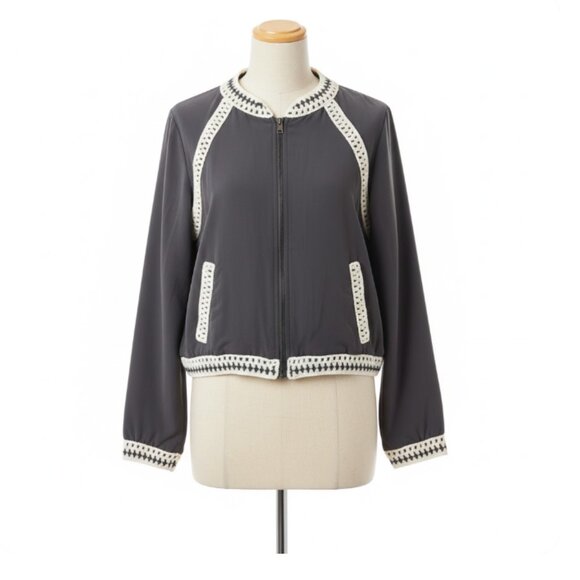 Free People Jackets & Blazers - Free People Navy Blue Crochet Trim Zip Front Cropped Bomber Jacket Medium